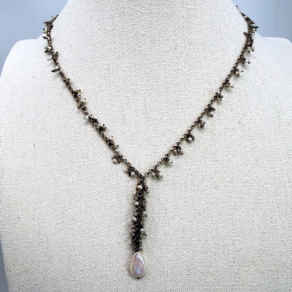 Sterling Silver Freshwater Pearl Cluster Y-Necklace Teardrop Pendant 18"